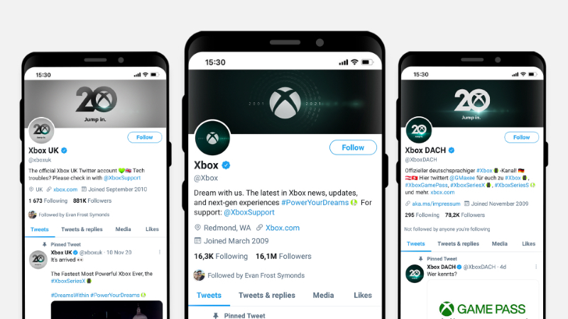 Three mobile devices showing Twitter profiles with 20 year banners and profile pictures
