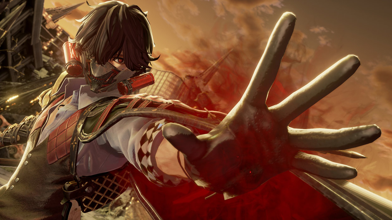 Code Vein character casting spell with gas mask on.