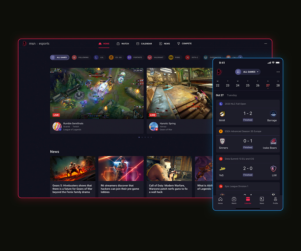 Desktop and mobile user interfaces of the MSN Esports Hub.