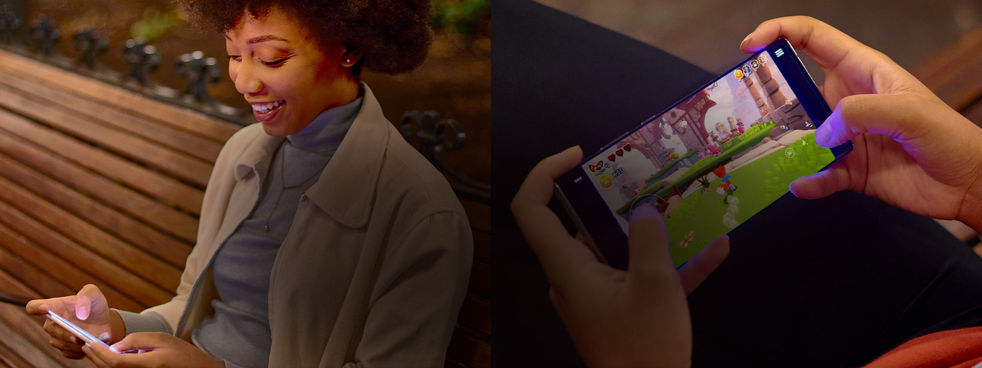 Žena na lavičce hraje hru Super Lucky's Tale na svém telefonu pomocí dotykového ovládání