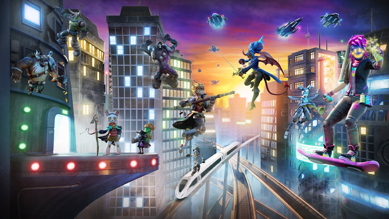 Postavy z hry Roblox lietajúce nad panorámou mesta