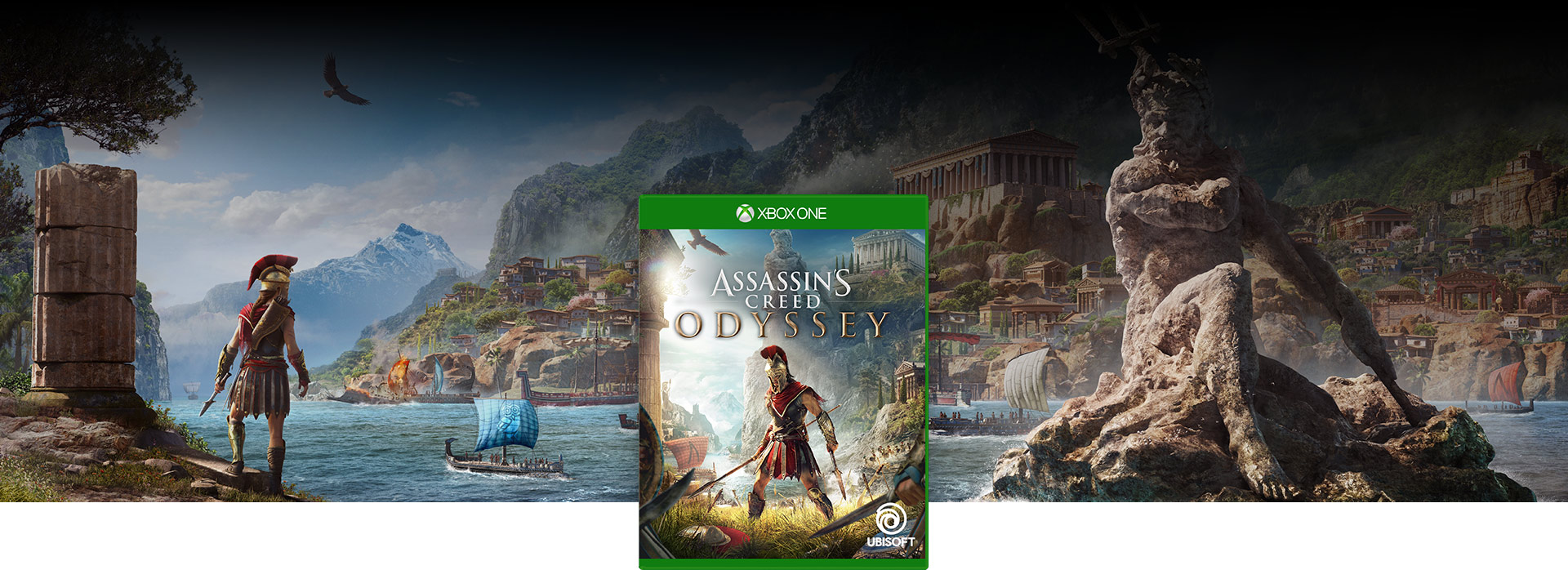 Assassin’s Creed Odyssey boxshot, Poseidon’s statue sits in the Aegean Sea