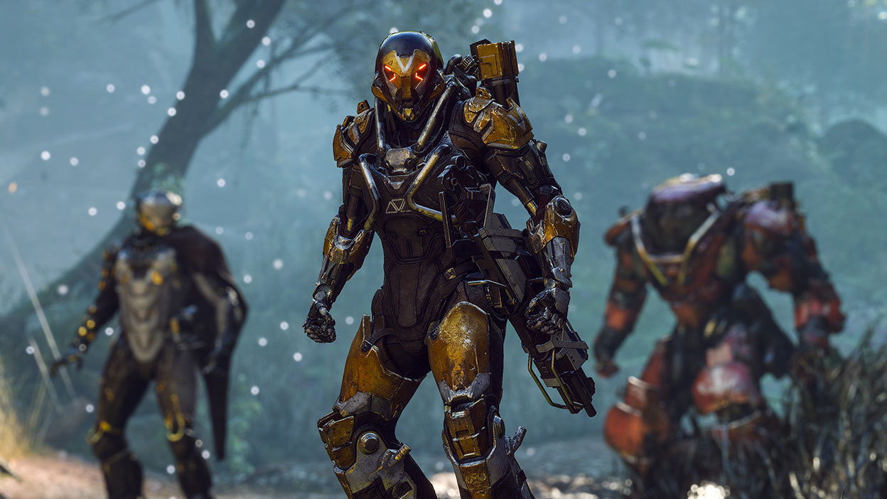 Close up of 3 characters in exosuits