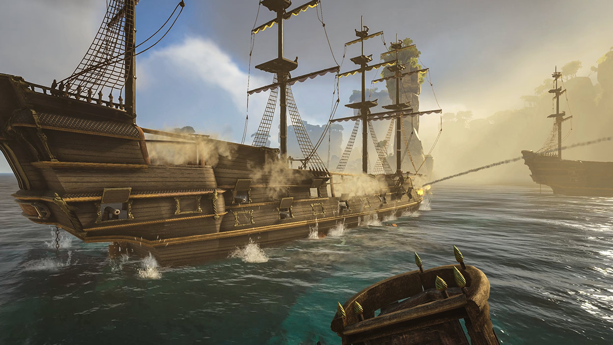 Two ships in the water in a cannon battle