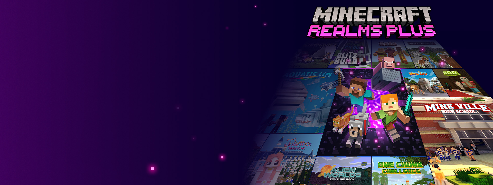 Minecraft Realms Plus, personnages de Minecraft sortant d'un portail du Nether avec d'autres images de boîte de jeu à côté