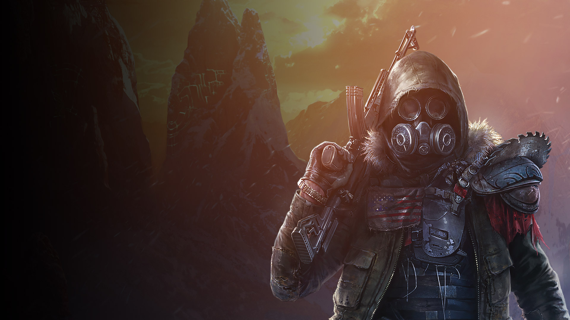 Postava z hry Wasteland 3 v brnení a maske držiaca zbraň