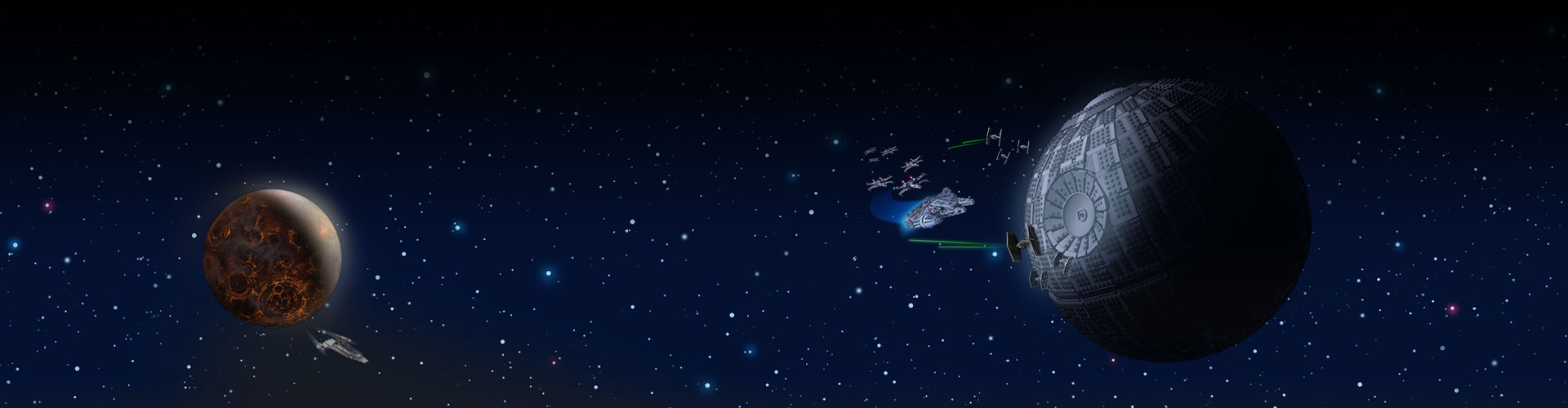 Deux bases ennemies dans l’espace avec des étoiles en arrière-plan.