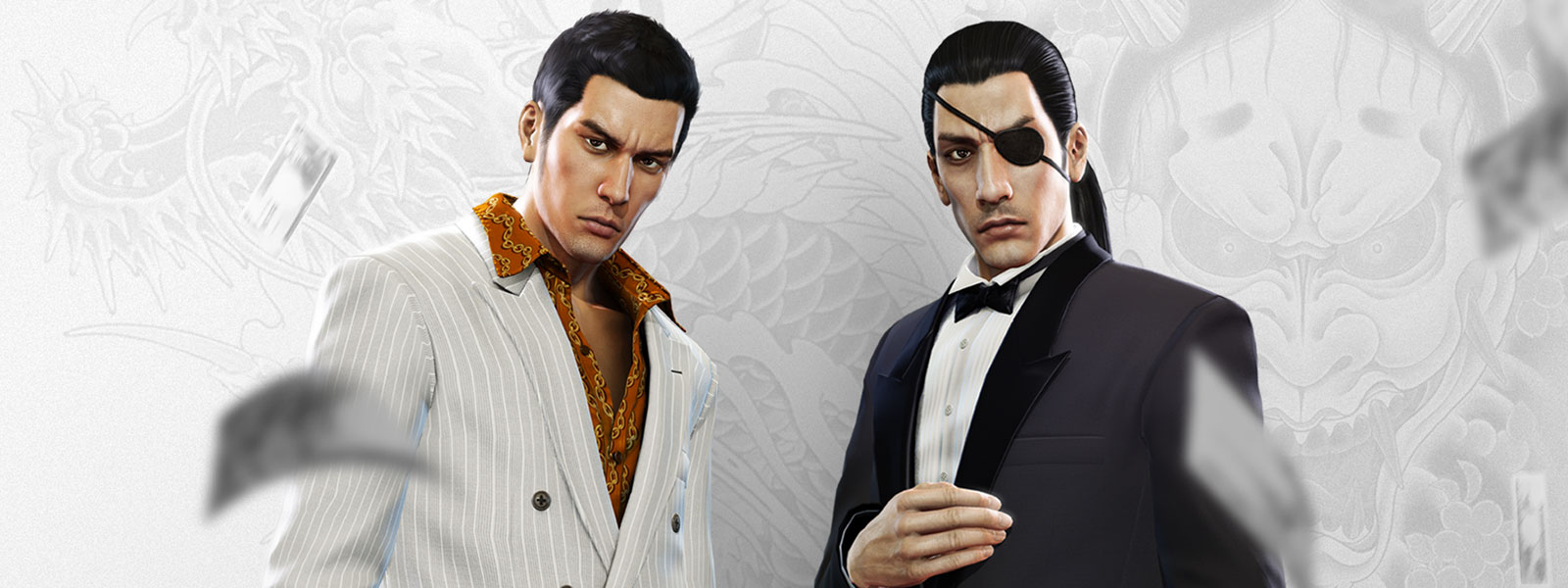 白とグレーの龍の刺青を背景に、派手なスーツの 2 人の「Yakuza」のキャラクターがにらみあう。2人の周りにお金が散らばり落ちる
