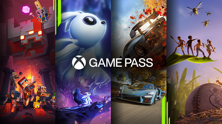 Výběr her dostupných s Xbox Game Pass včetně Minecraft: Dungeons, Ori and the Will of the Wisps, Forza Horizon 4 a Grounded.
