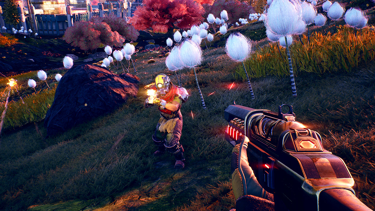 총을 갖고 있는 인간 적들과 마주 보는 필드에서 플레이어 캐릭터의 1인칭 시점(FPV)