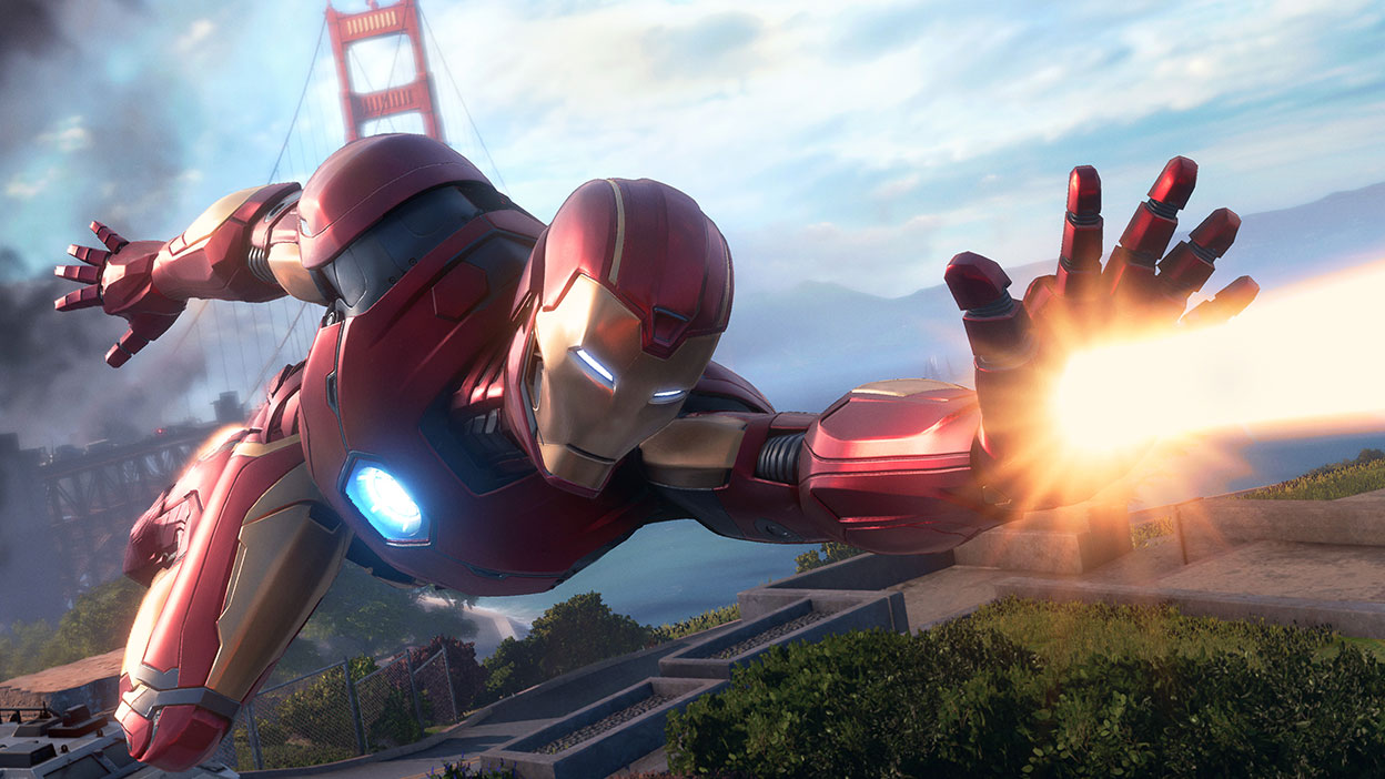 Iron Man fliegt und schießt aus seiner Hand einen Laserstrahl