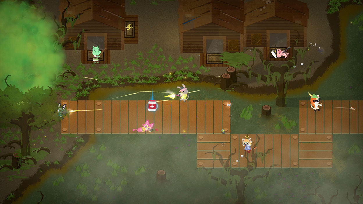 Animals battle in a swamp surrounded by items, gas, and other dead animals.