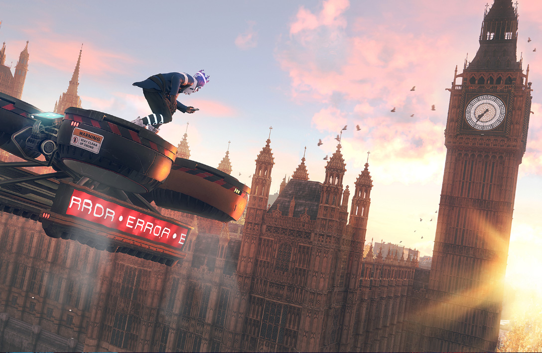 Watch Dogs character riding on top of a drone