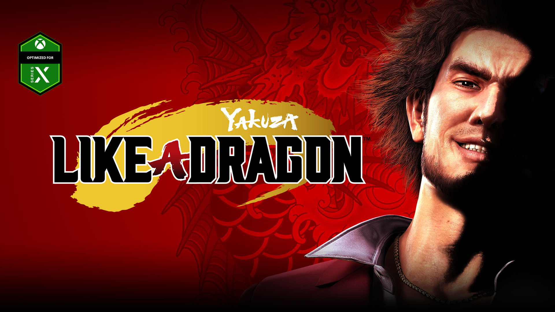 Yakuza Like a Dragon, Ichiban smiles against a red dragon background. 