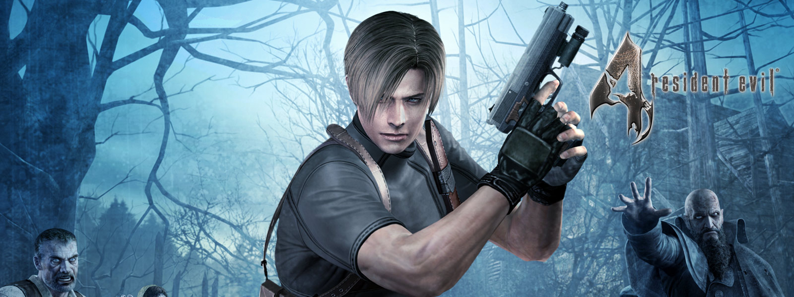 Resident Evil 4, personnage tenant un pistolet dans une forêt sombre et entouré de zombies