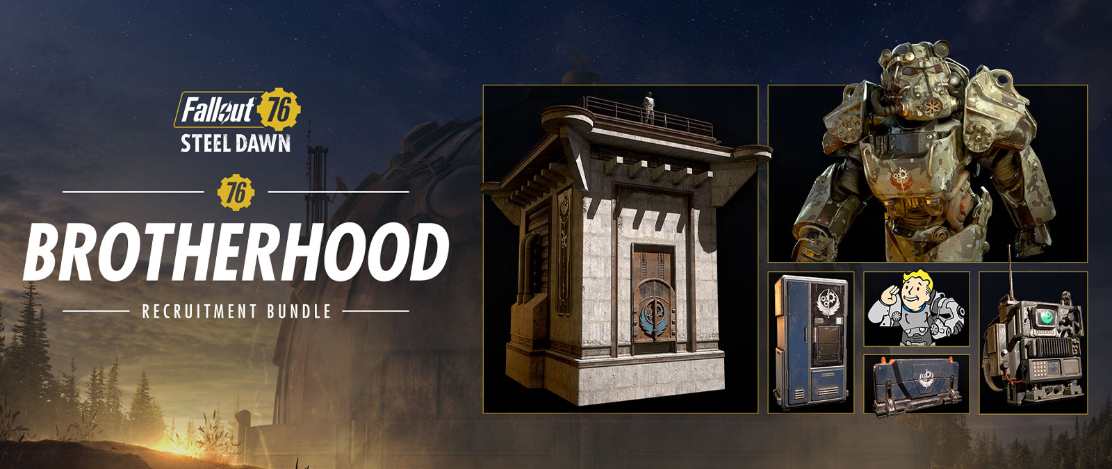 Fallout 76 Steel Dawn Brotherhood Recruitment-bundel, Power Armor, Scouting Tower en andere items