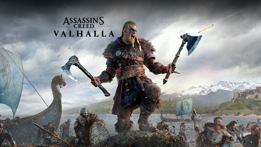 Assassin's Creed Valhalla, personaggio con due asce in battaglia