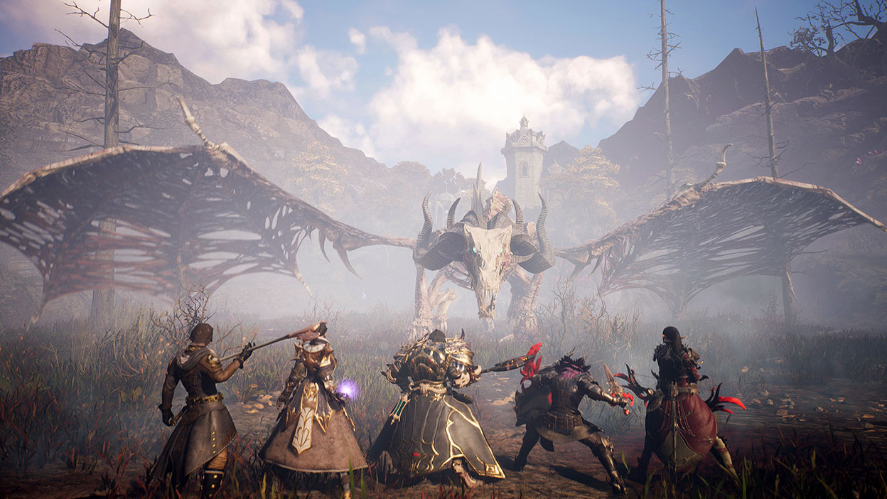 Cinco personagens prestes a lutarem contra um dragão enorme do Bless Unleashed