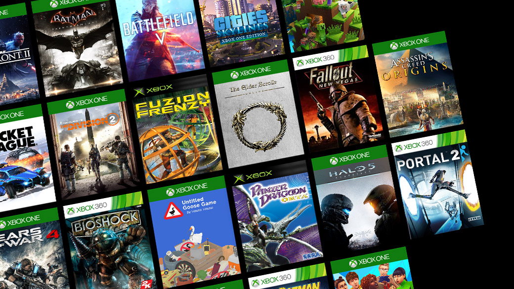 Um mosaico de jogos do Xbox original, Xbox 360 e Xbox One.