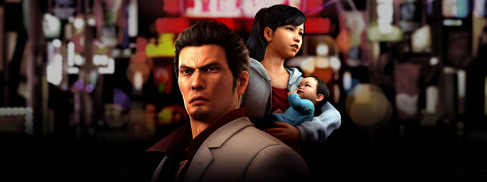 Kazuma, Haruka, and baby Haruta against a cityscape background. 