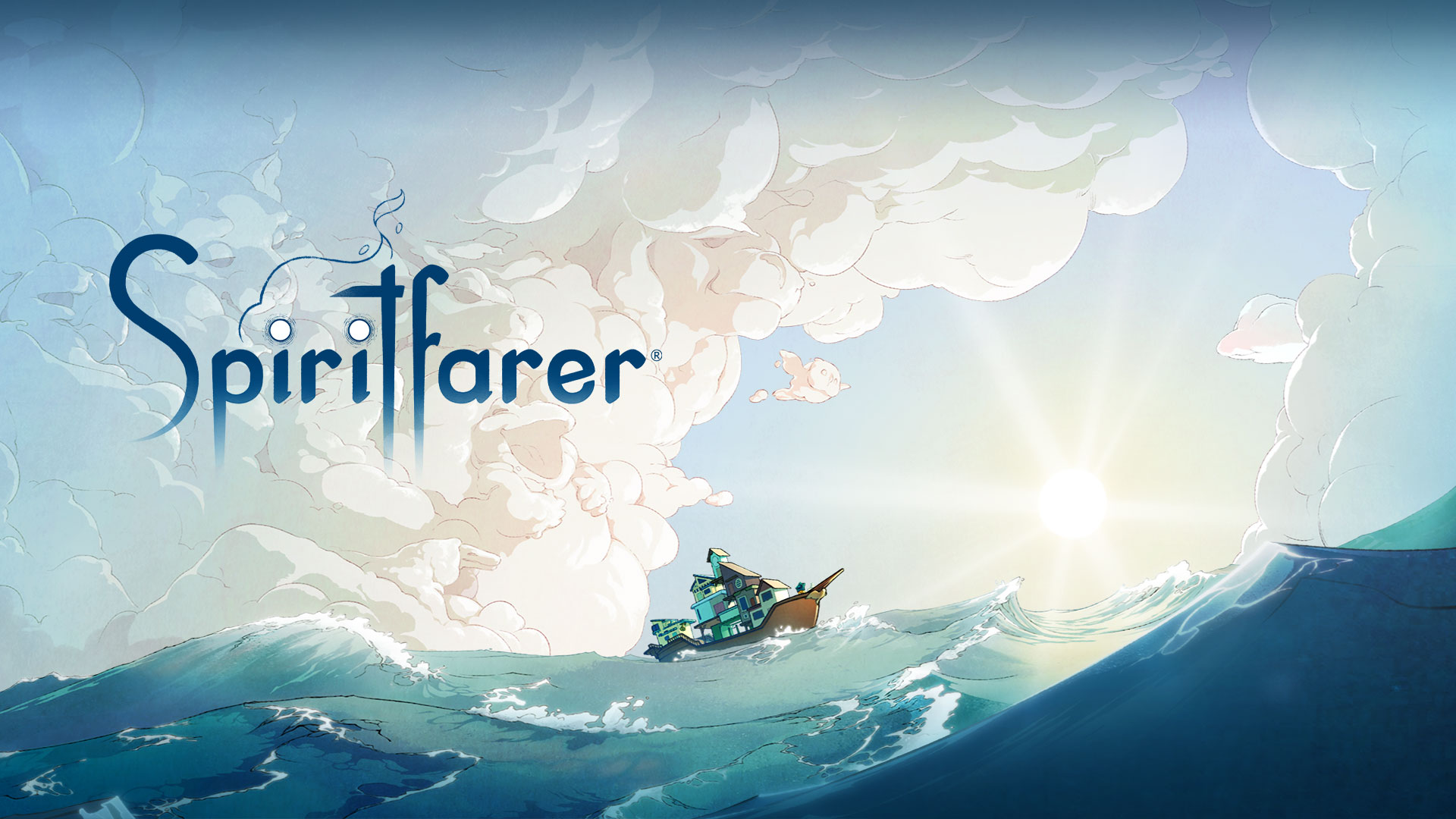 Spiritfarer 로고, 다양한 동물 모양의 구름이 떠 있는 물 위의 보트