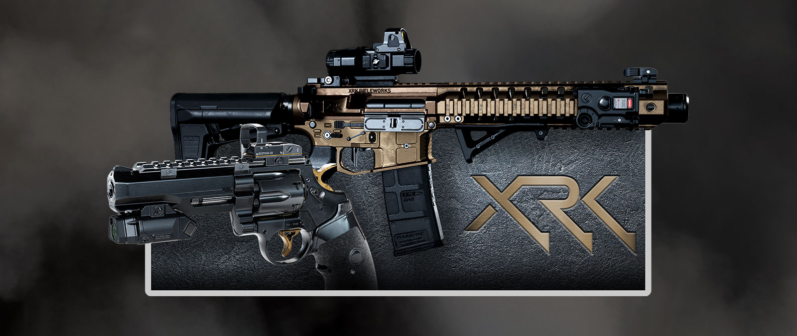 Sideview of two guns on top of a textured background and XRK logo