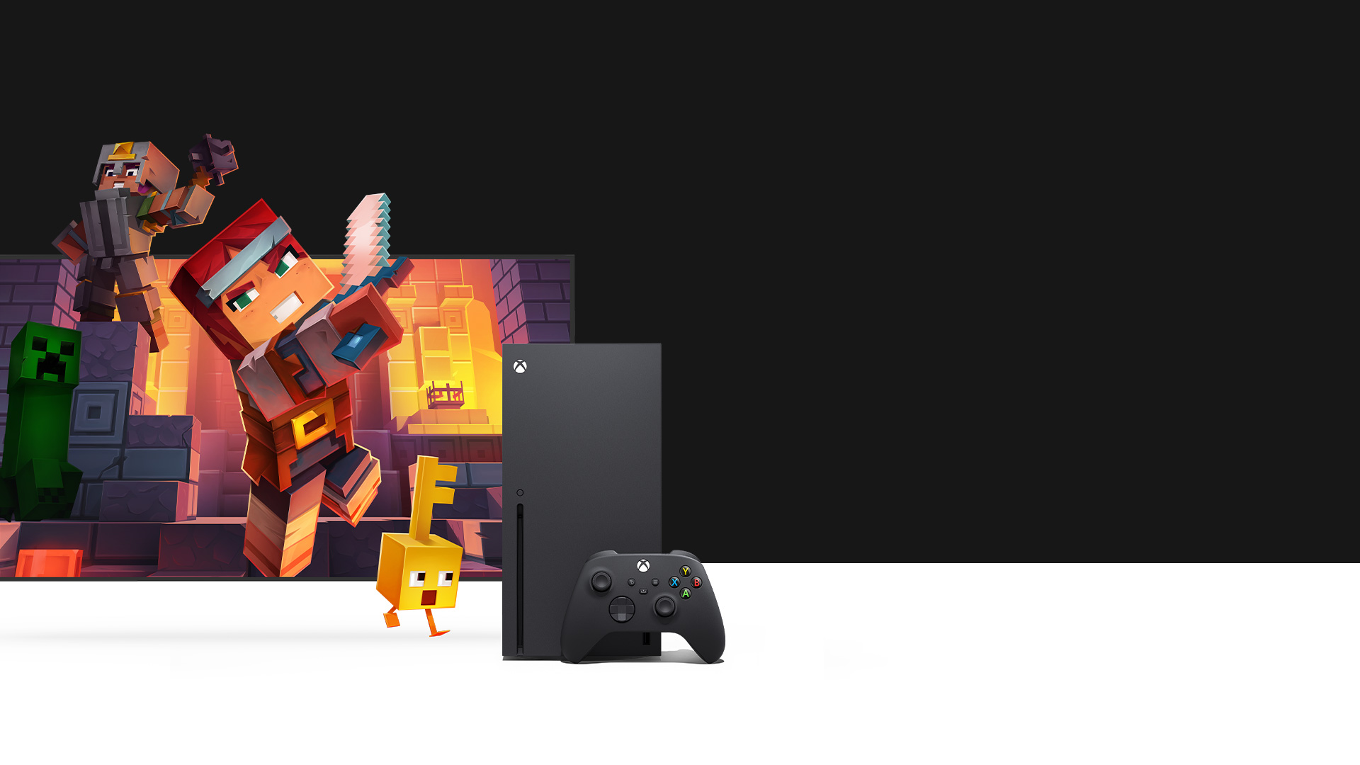 コンソールと PC の画面から出現する Minecraft Dungeons のキャラクター