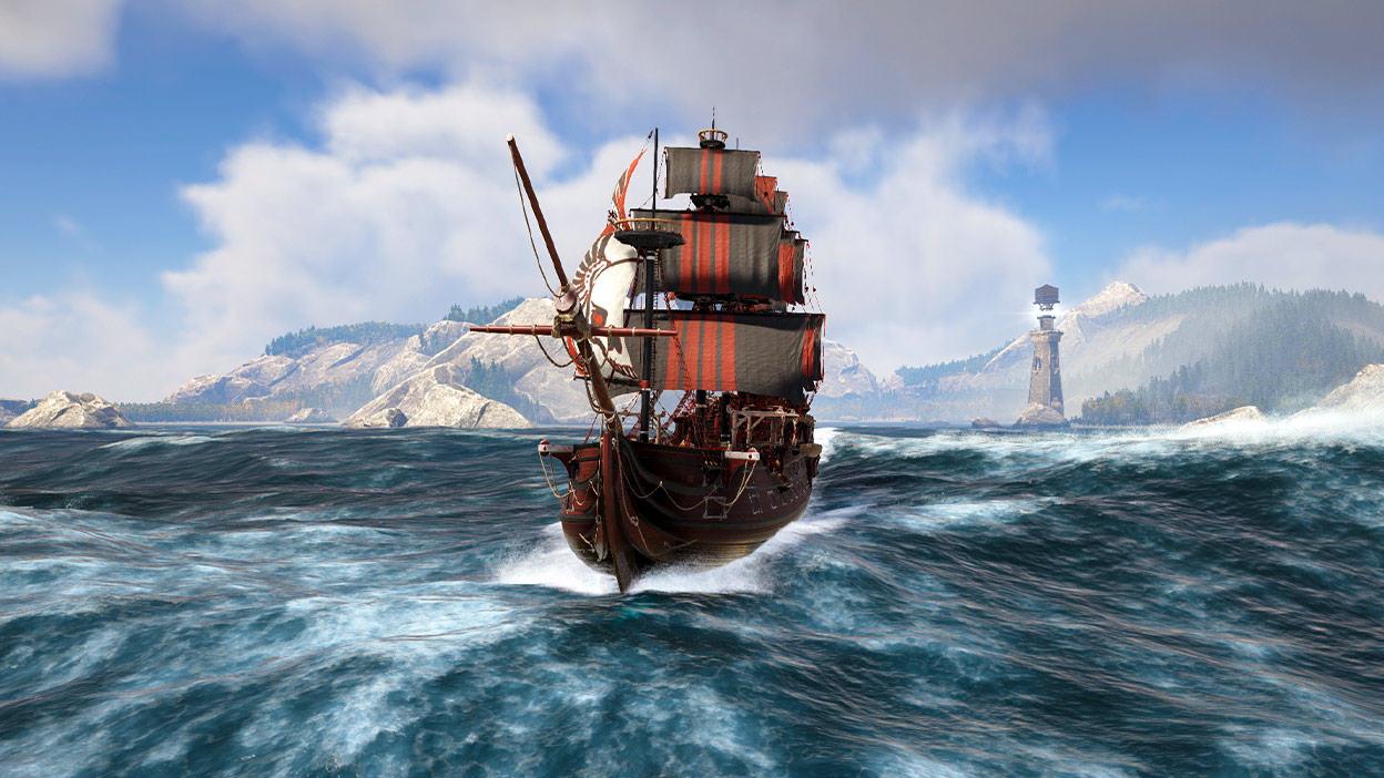 Een schip in het water met zwart-roodgestreepte zeilen met een vuurtoren en bergen op de achtergrond