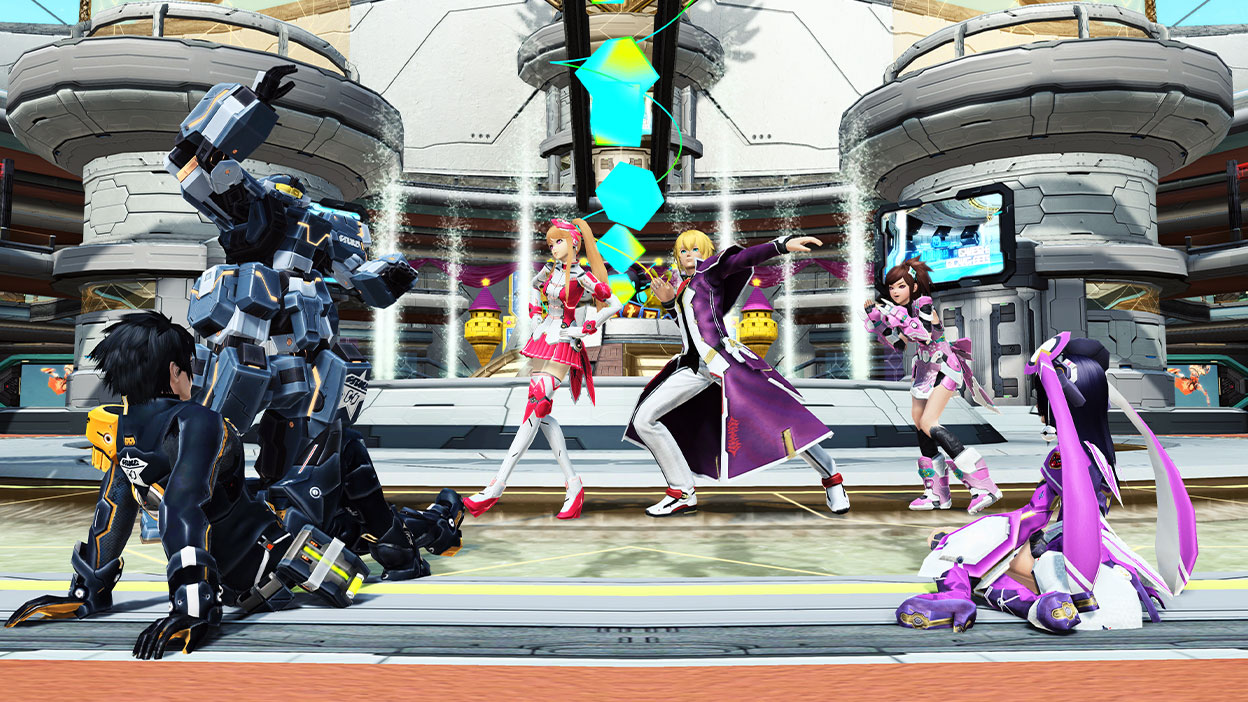 Characters pose and laugh on a spaceship.