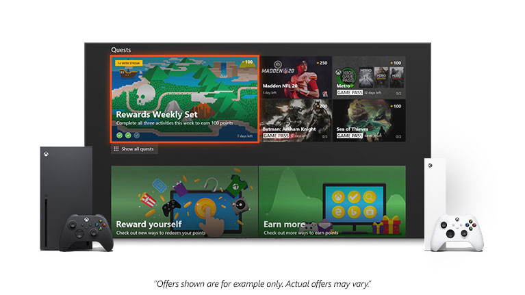 Une console Xbox Series X et une console Xbox Series S devant un écran affichant l’application Microsoft Rewards avec des récompenses. Un avertissement se lit comme suit : les offres présentées sont à titre d’exemple uniquement. Les offres réelles peuvent varier.