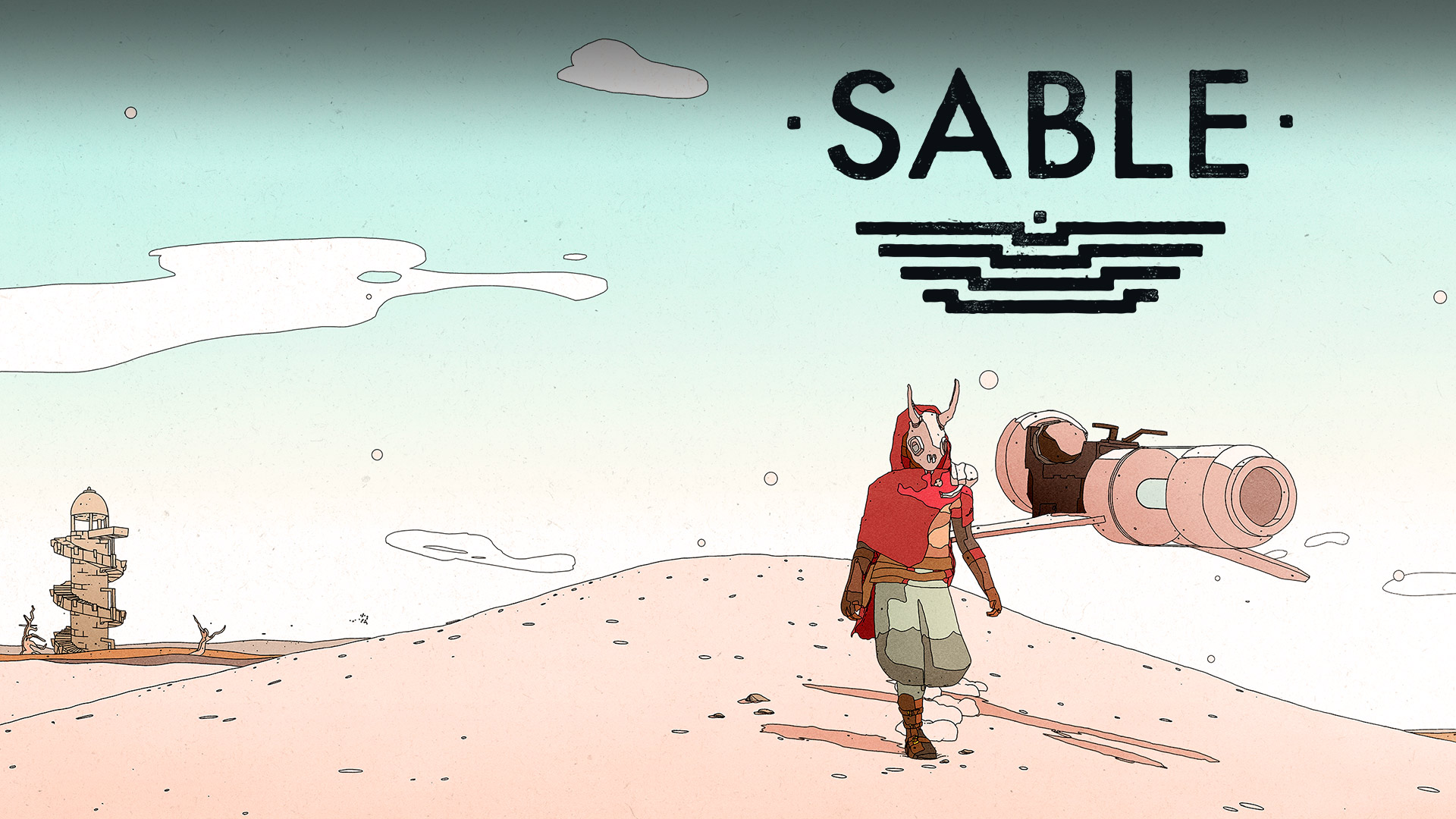 Λογότυπο Sable, η Sable στην έρημο με ένα ιπτάμενο όχημά
