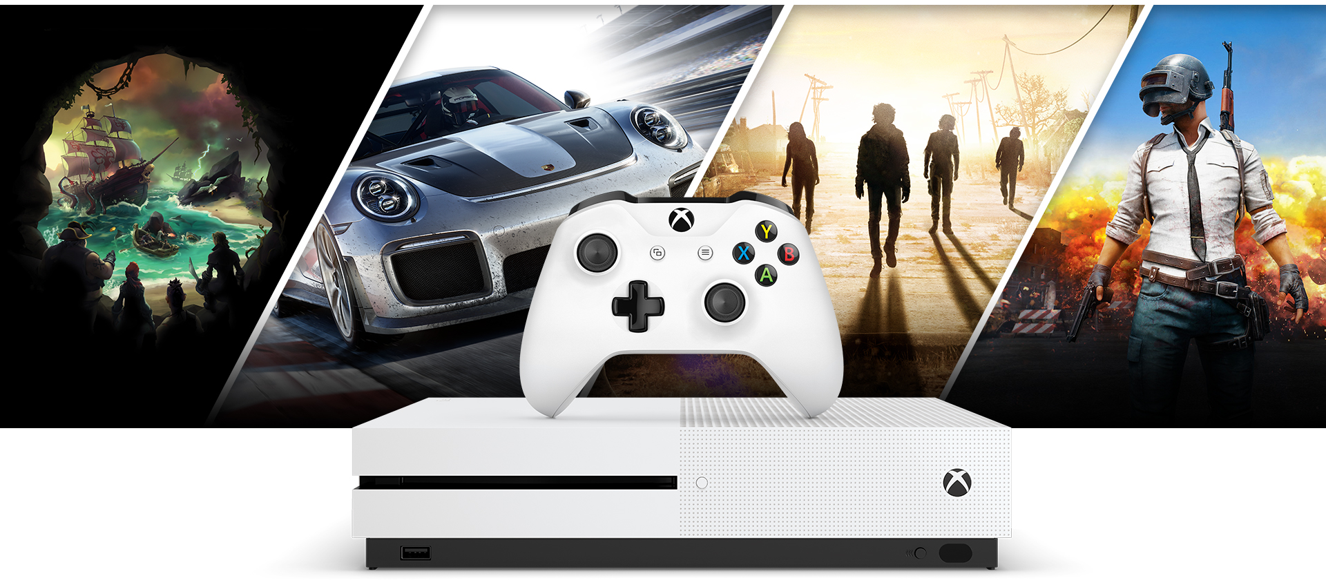 Sea of Thieves Forza 7 State of Decay 3 and PlayerUnknowns Battlegrounds graphics behind an Xbox One S and White Xbox Controller