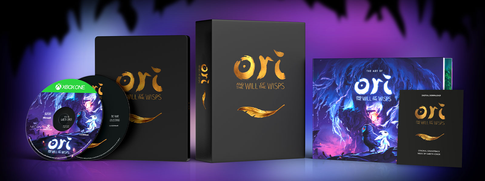Ori and the Will of the Wisps Collector's Edition game disc, piano collections music CD, SteelBook, premium packaging, and art book In front of a purple background.