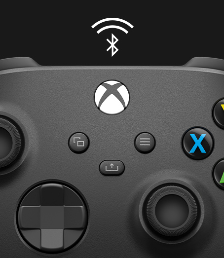 Üzerinde Bluetooth simgesi bulunan bir oyun kumandasının ön kısmının yakından görünümü