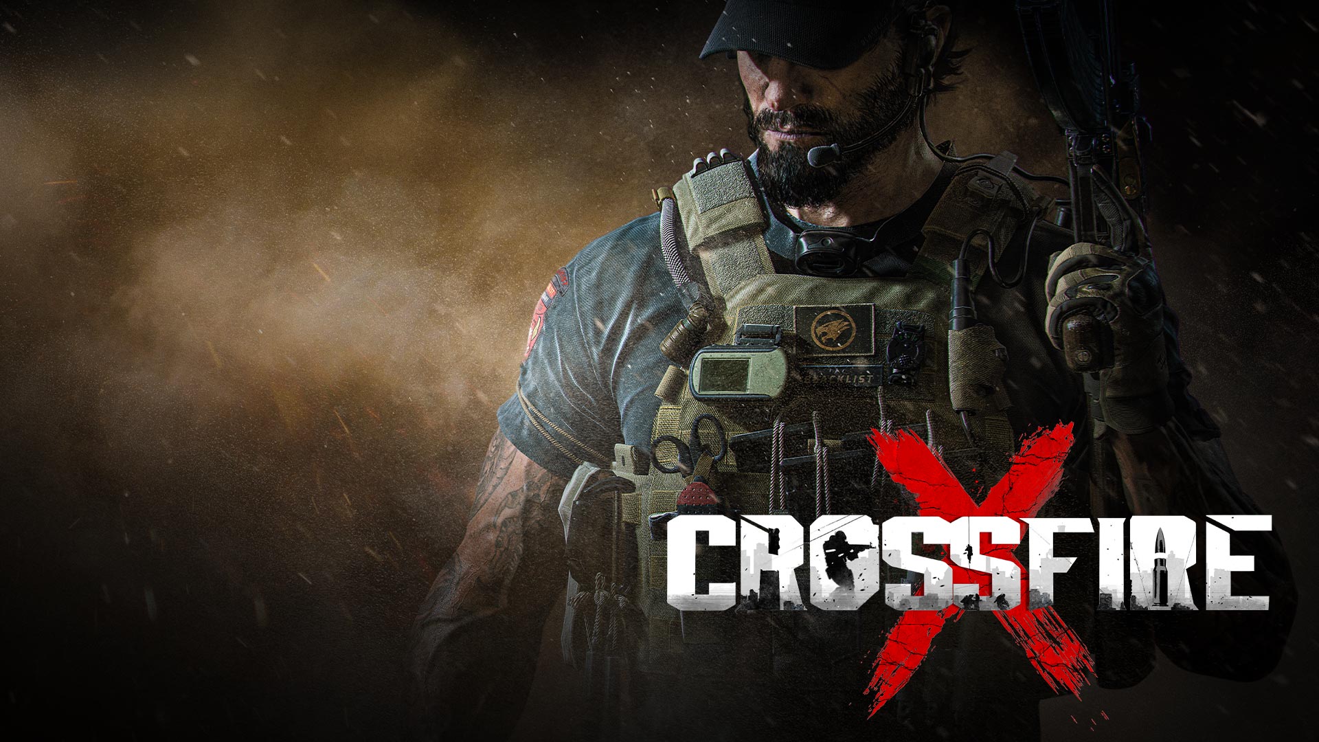 CrossfireX, um homem fortemente armado no meio de fumo e cinzas.