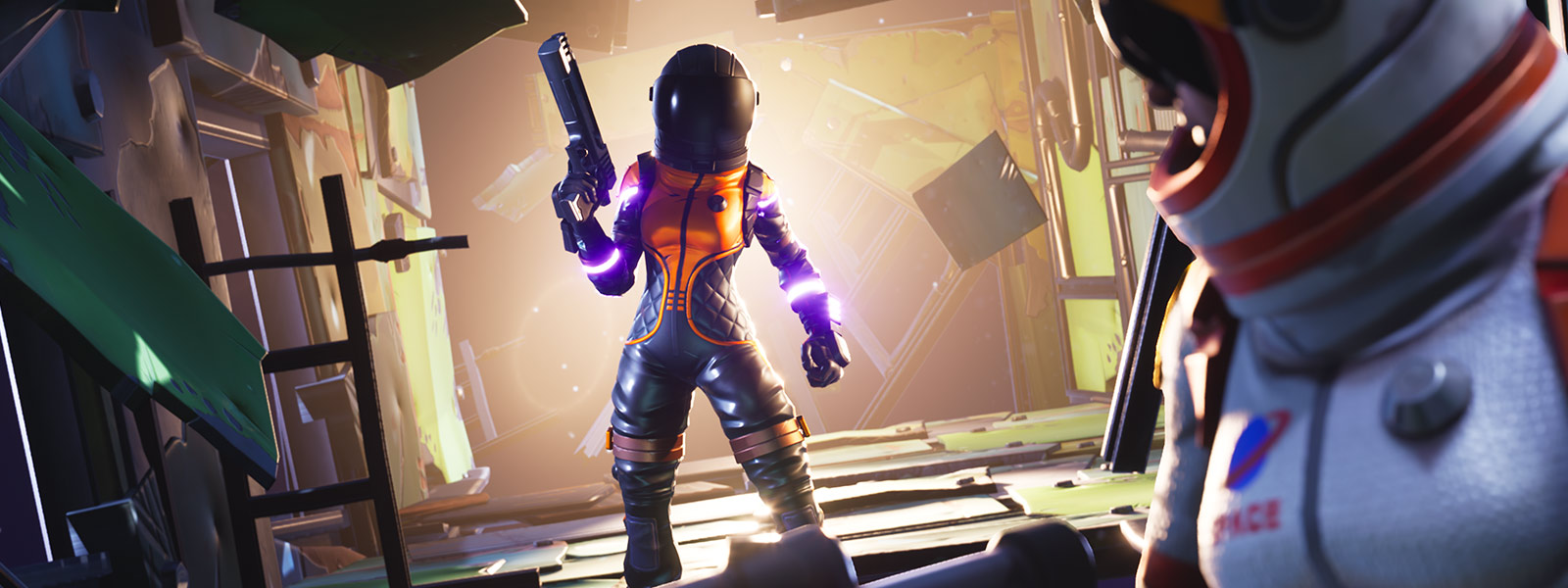 a female character holding a gun in a spacesuit stands in a space station that is - fortnite skins holding xbox controllers