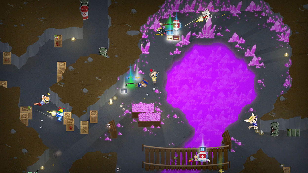 Animals fight in a cave full of glowing pink crystals.
