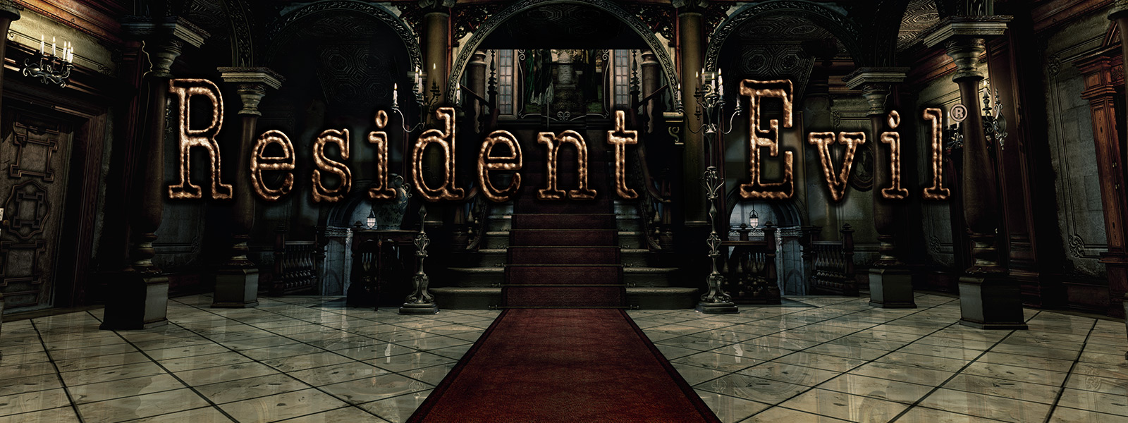 Resident Evil, cena de um grande arco de entrada com escadas cobertas por um tapete vermelho