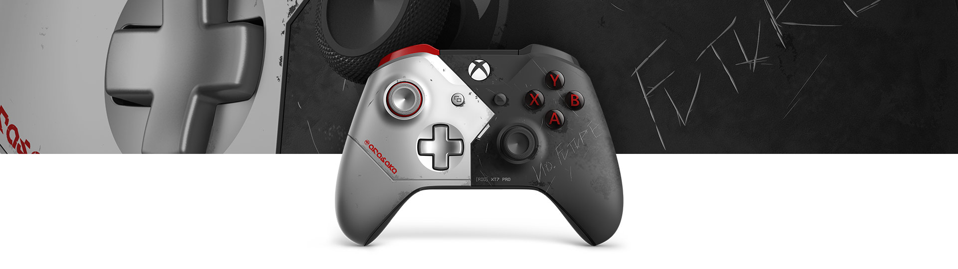 Xbox 无线控制器 -《赛博朋克 2077》限量版正视图，以及《赛博朋克 2077》控制器表面纹理特写
