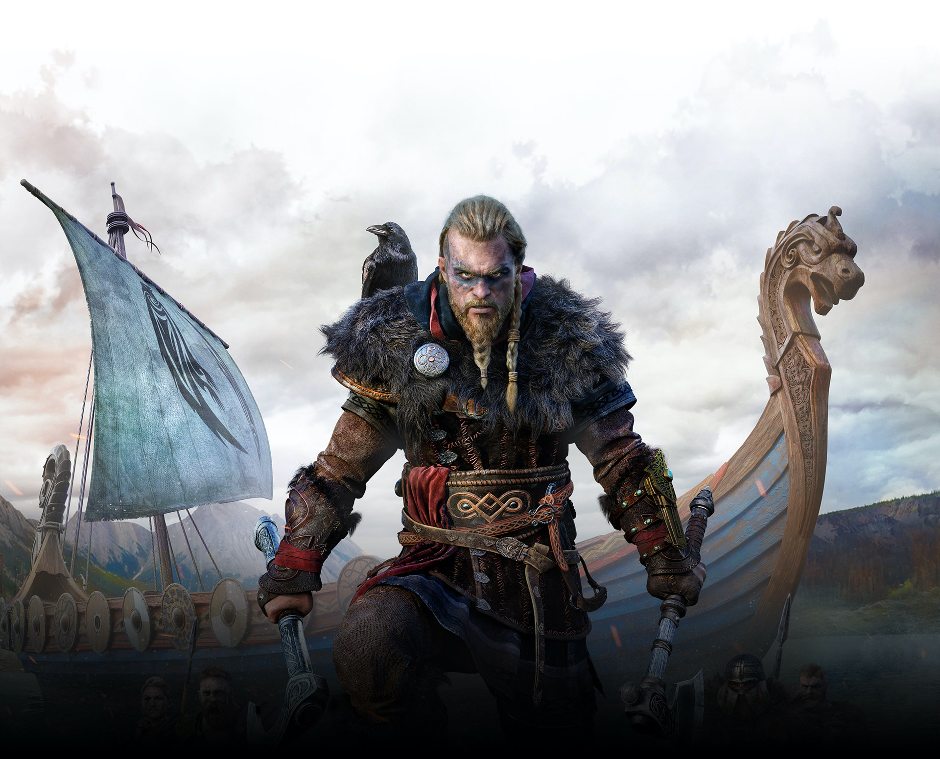Assassin's Creed Valhalla. Eivor está pronto para a batalha na frente de um navio Viking, com dois machados nas mãos.