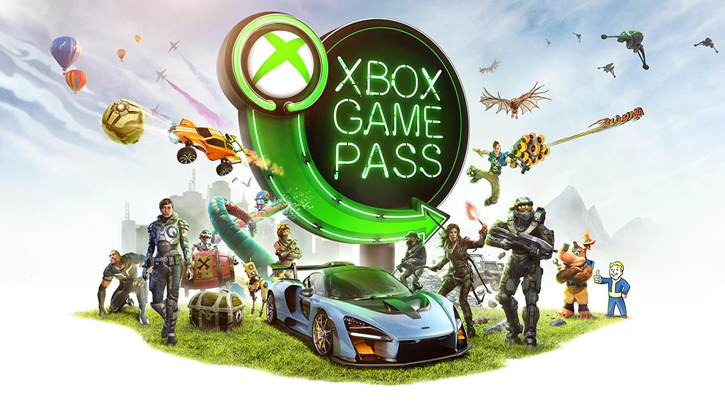 Neon Xbox Game Pass tabelası çevresinde toplanmış Xbox video oyunu karakterleri