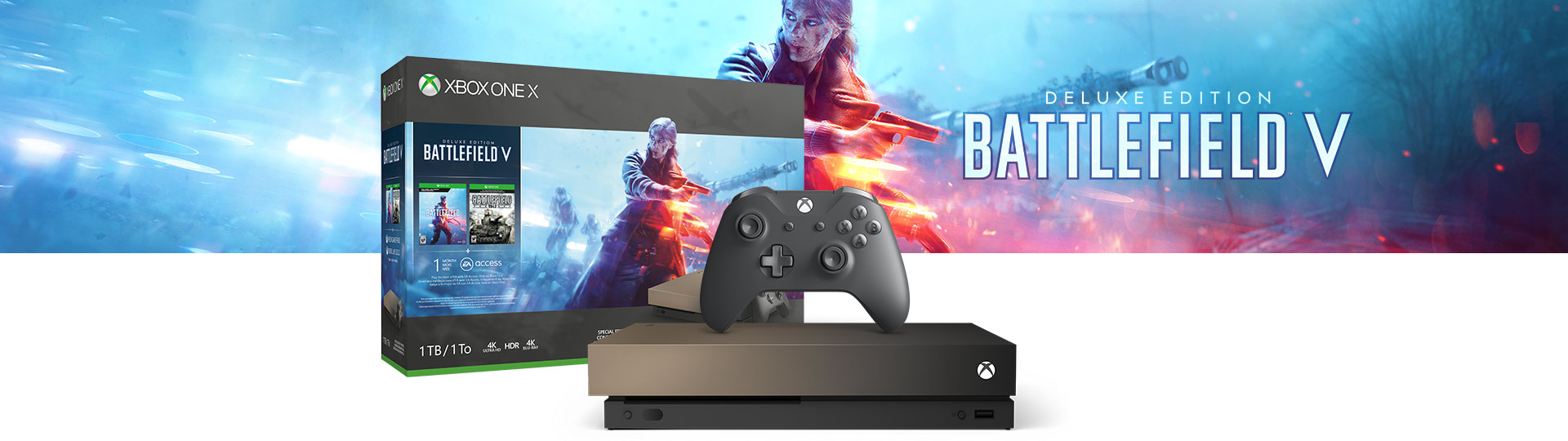 Xbox One X and Controller next to the Xbox One X Battlefield V Gold Rush Special Edition 1 terabyte product box