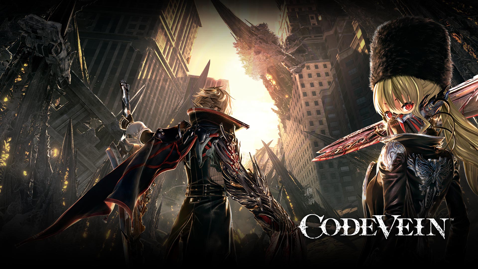 Postacie w grze Code Vein patrzą za siebie przed wkroczeniem do ruin miasta.