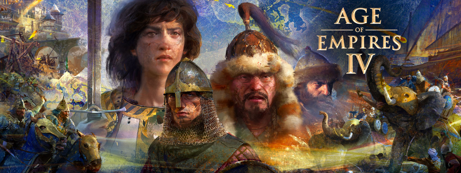 Age of Empires IV. Quatre personnages avec des scènes de guerre, des éléphants et des hommes avec des chevaux autour d’eux sur une carte en arrière-plan