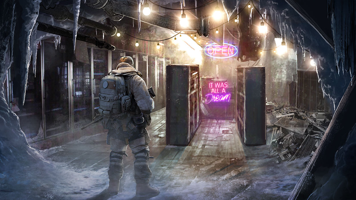 Samotny Strażnik w zniszczonym i pokrytym lodem sklepie z neonem z napisem WSZYSTKO BYŁO JAK SEN