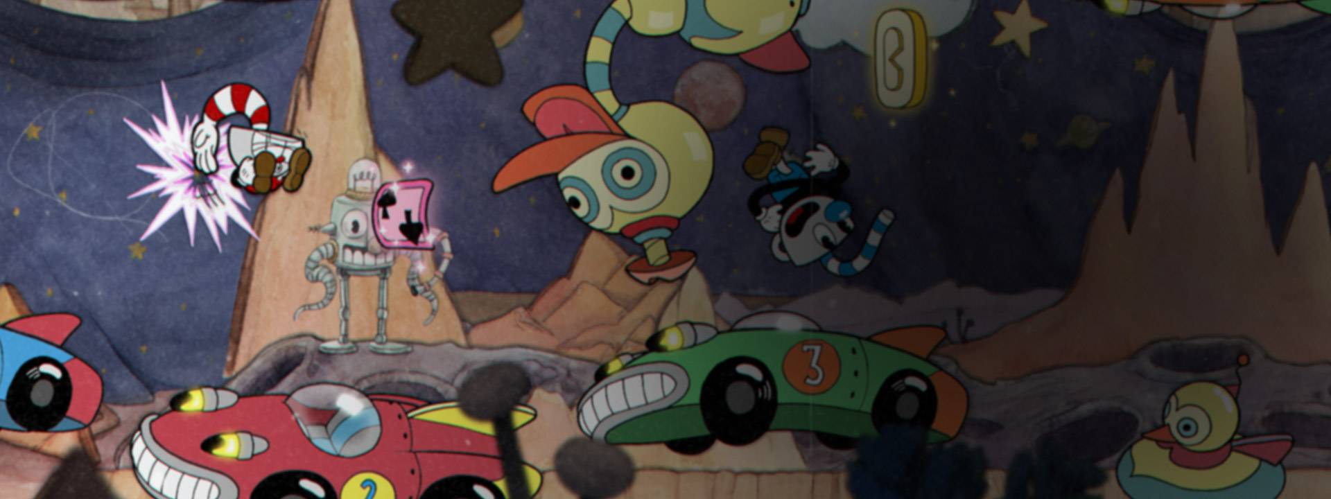 Cuphead and Mugman dodge toy cars and a mechanical duck
