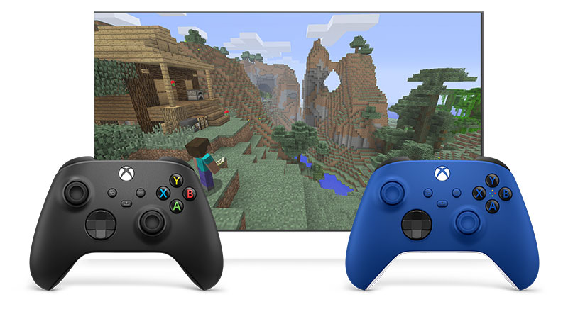 Zwei Controller, die mit Copilot miteinander verknüpft sind, um Minecraft zu spielen