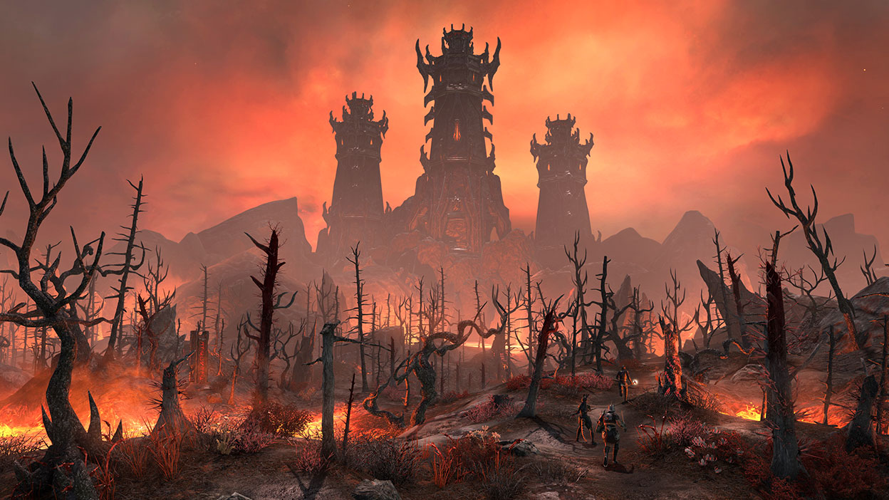 Three characters making their way towards three large buildings in a torched forest