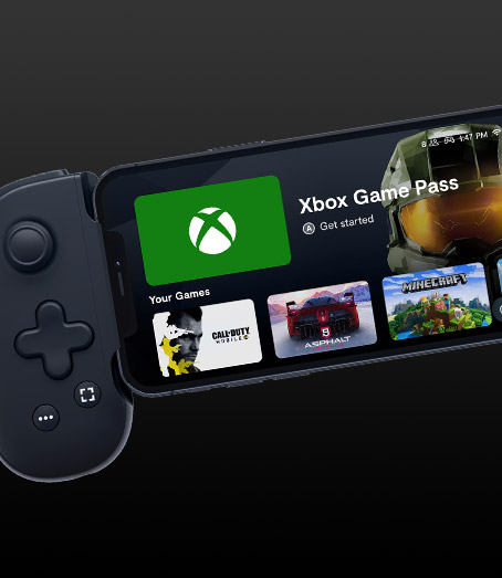 Backbone One-Startbildschirm mit Xbox Game Pass, Call of Duty, Asphalt und Minecraft.