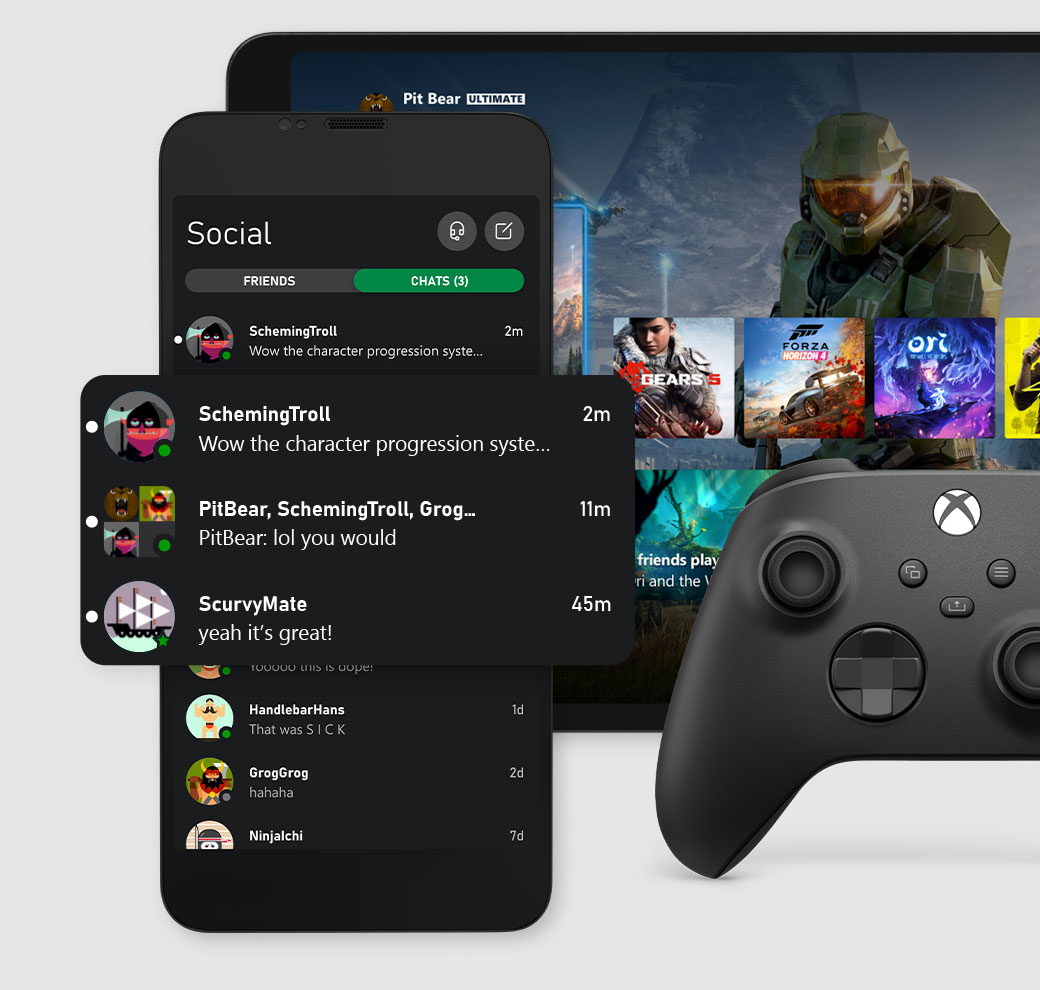 Снимок экрана пользовательского интерфейса чата в приложении Xbox (бета-версия), крупный план трех сообщений.